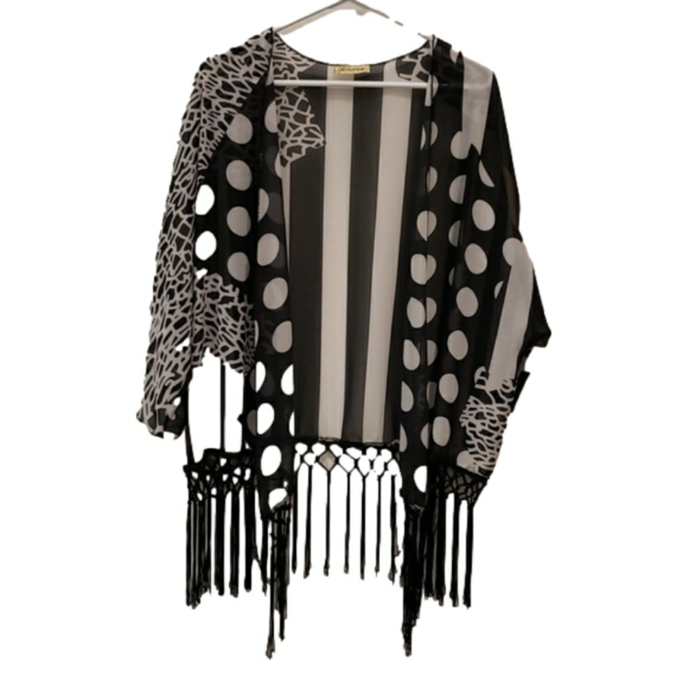 BROCHURE Chiffon Sheer Kimono Fringe Black White Women's XL